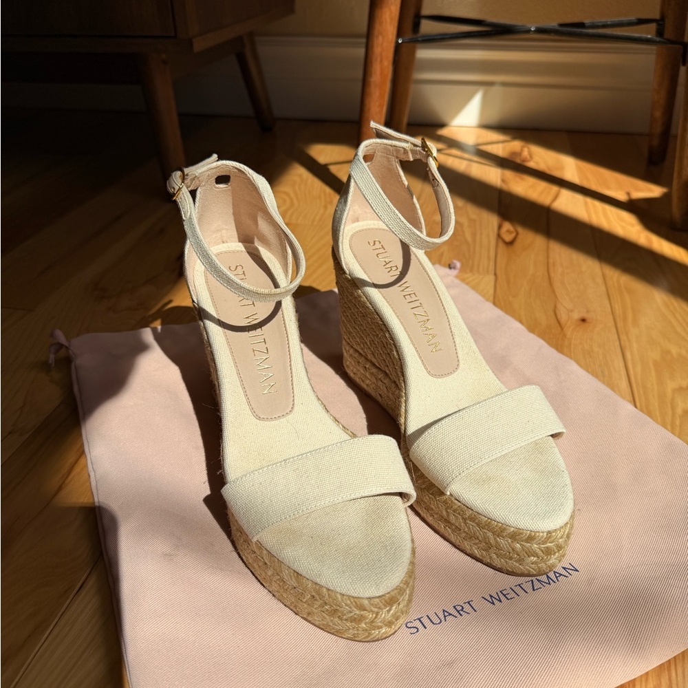 Stuart Weitzman Cream Canvas Espadrille Wedge Sandals